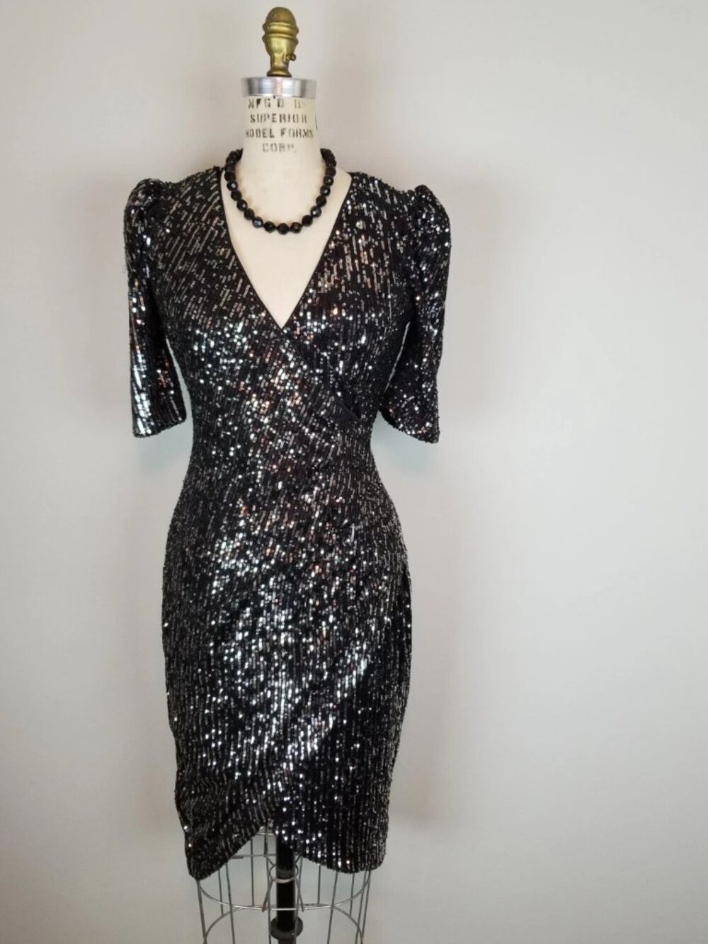 Calvin Klein Black & Silver Sequin Faux Wrap Puff Sleeve Cocktail Dress